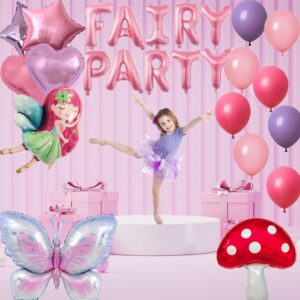 Fairy Party Balloons Birthday Party Decorations Fairy Butterfly Mushroom Film Balloons Pink Purple Rose Red Latex Balloons for Fairy 1st Birthday Wedding Spring Tea Party Baby Shower Party