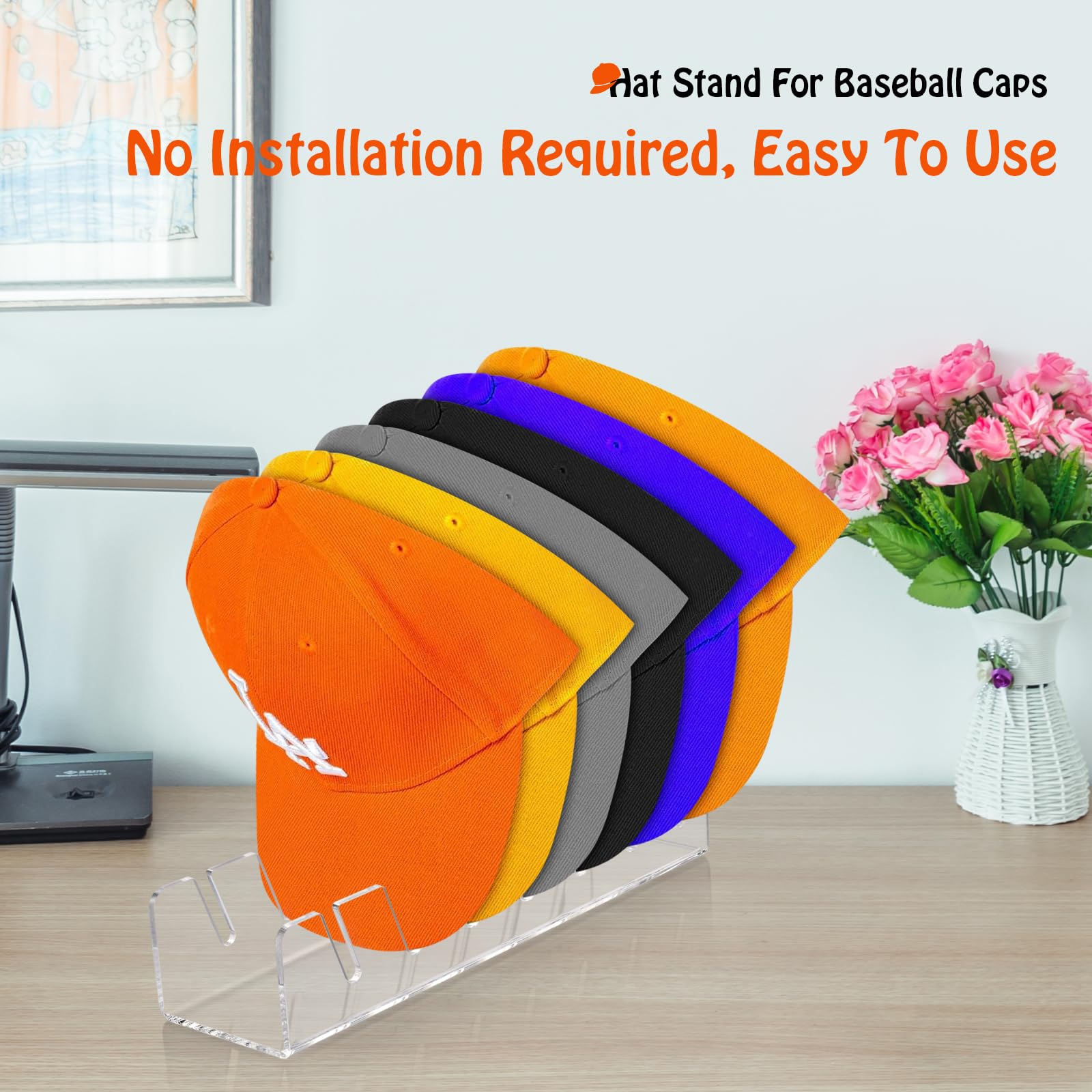 Hat Stand for Baseball Caps, 2 Pcs No Install Acrylic Cap Organizer for Baseball Caps, Cap Storage for Baseball Caps for Bedroom, Closet, Dresser, Office, Baseball Hat Holder, Ball Cap Organizer