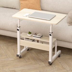 curfair portable rolling laptop desk cart, 31.5" adjustable laptop desk cart small standing desk on wheel, mobile computer desk workstation with shelves, home office desk for small space (beige)