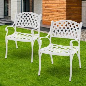 PATIO-IN 2 Pieces Outdoor Bistro Dining Chairs Cast Aluminum Patio Bistro Chair with Armrest,Outdoor Furniture Set Bistro Chairs,Metal Patio Dining Chair for Garden,White