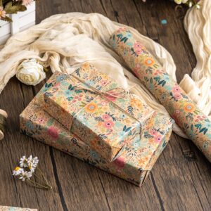 MAYPLUSS Colorful Floral Kraft Wrapping Paper Roll - 17Inch x 33Feet - Garden Boho Floral Gift Wrap Gift Wrap Paper Spring Summer Blooms Sheet for Wedding, Bridal Shower, Birthday and Engagement