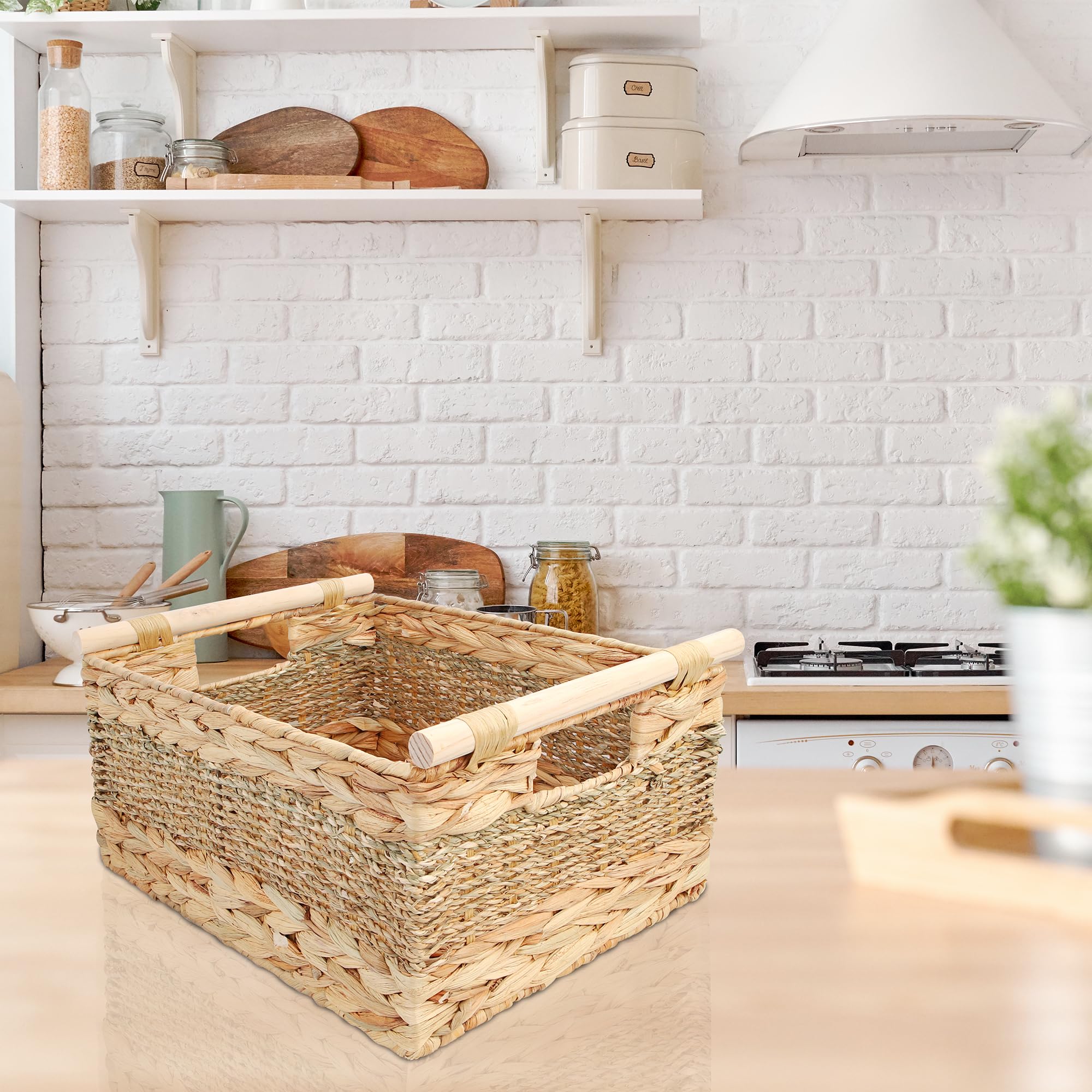 Wicker Basket, Baskets for Organizing, Woven Storage Basket with Handles, Water Hyacinth Shelves Natural Hyacinth Storage Baskets (Large/1P - 14.5"x10"x7.2"H)