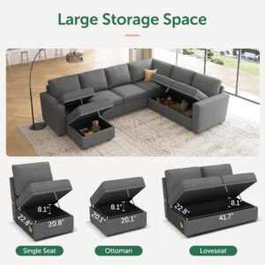 HONBAY Modular Sectional Sleeper Sofa with Pull Out Bed, U Shaped Sectional Couch with Storage Ottoman Convertible 7-Seater Sofa, Dark Grey