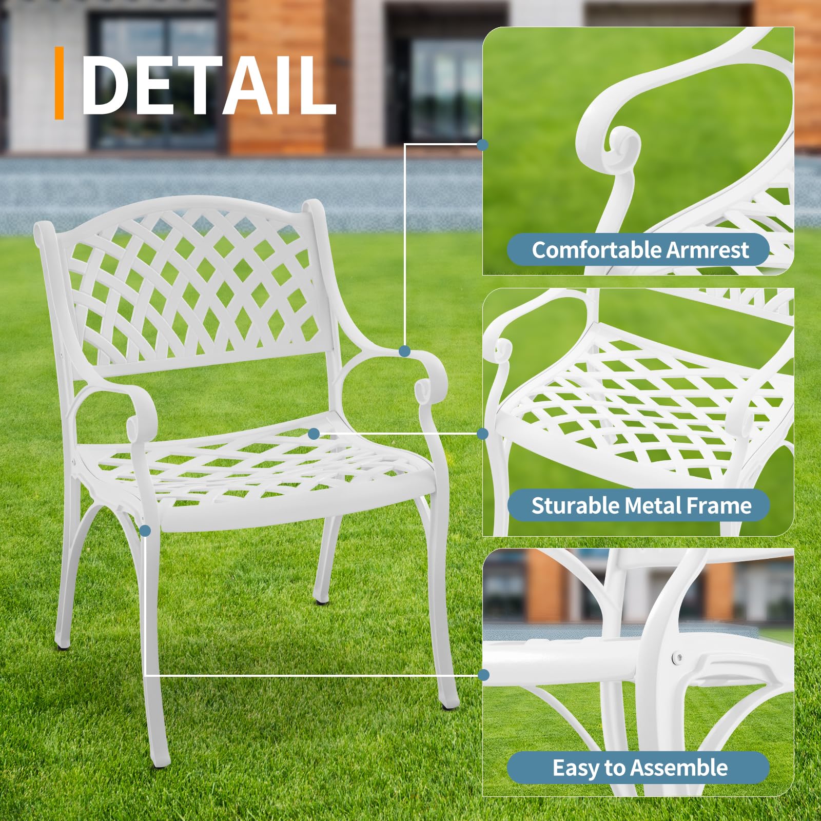 PATIO-IN 2 Pieces Outdoor Bistro Dining Chairs Cast Aluminum Patio Bistro Chair with Armrest,Outdoor Furniture Set Bistro Chairs,Metal Patio Dining Chair for Garden,White