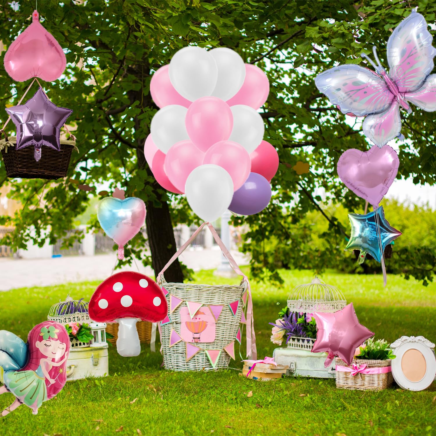 Fairy Party Balloons Birthday Party Decorations Fairy Butterfly Mushroom Film Balloons Pink Purple Rose Red Latex Balloons for Fairy 1st Birthday Wedding Spring Tea Party Baby Shower Party