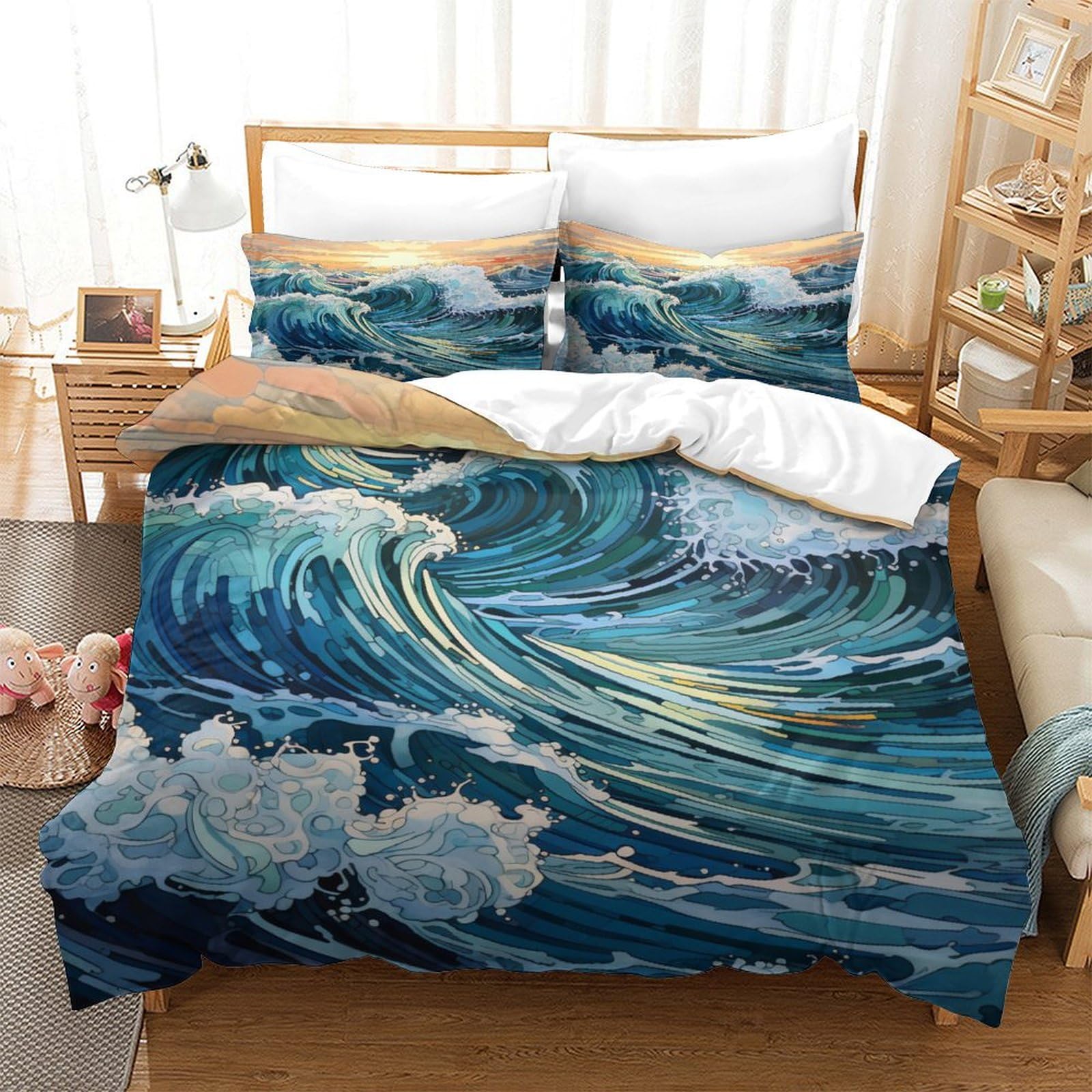 LITINGZHILONG Big Wave Bed 3-Piece Set Japanese Ocean Boat Japan Mount Fuji Ocean Wave Sunset Sun Asian Art Room Bedroom Bed Personalized Japanese Style Theme Bed Quilt Cover Twin