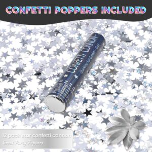 Confetti Cannon Sliver 12Pack Confetti Poppers 12Inch Confetti Party Poppers with Silver Star Confetti Bulk Streamer Blaster Shooter for New Year Christmas Birthdays,Weddings,Graduation Decorations