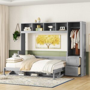 queen size murphy bed wall with closet and drawers, gray