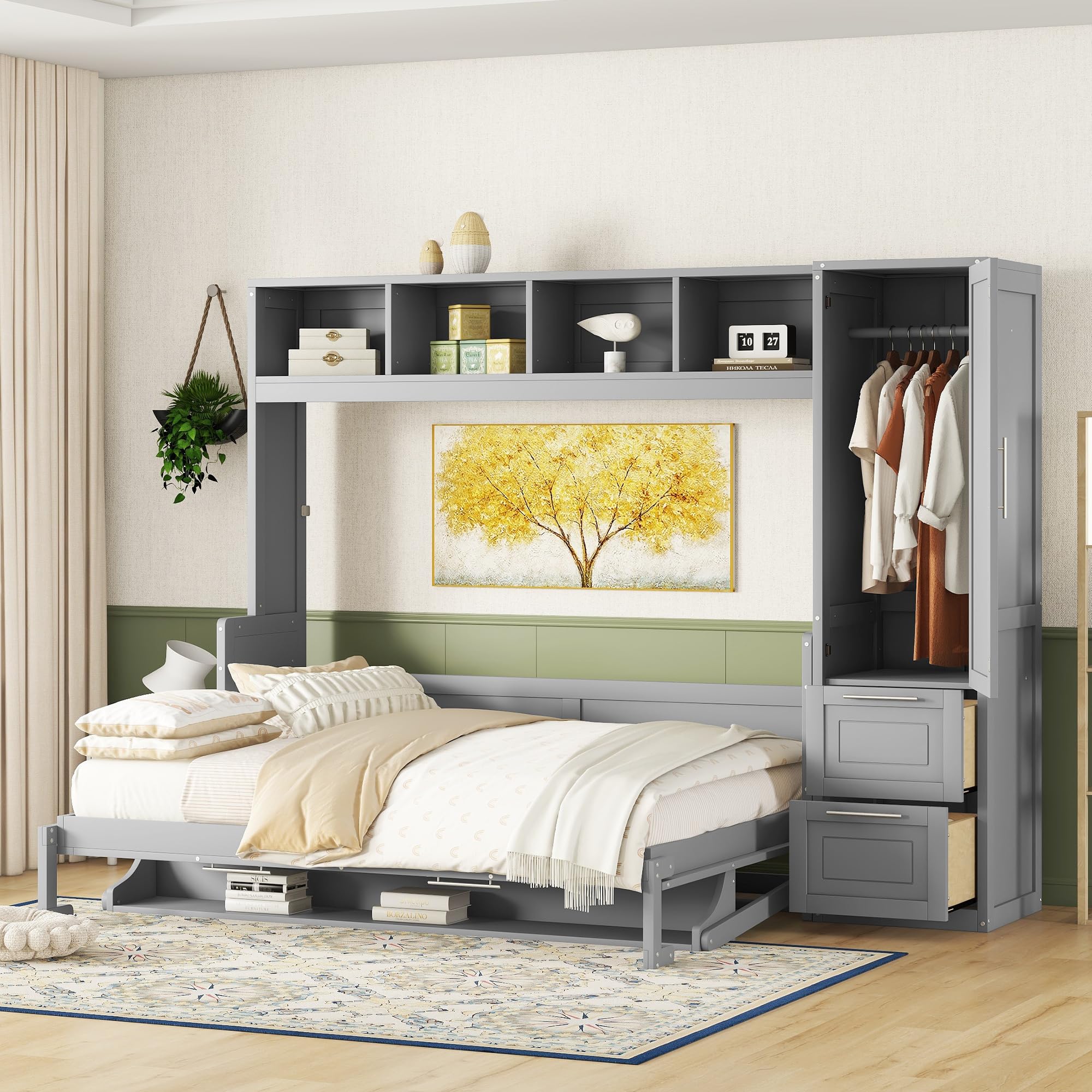 Queen Size Murphy Bed Wall with Closet and Drawers, Gray