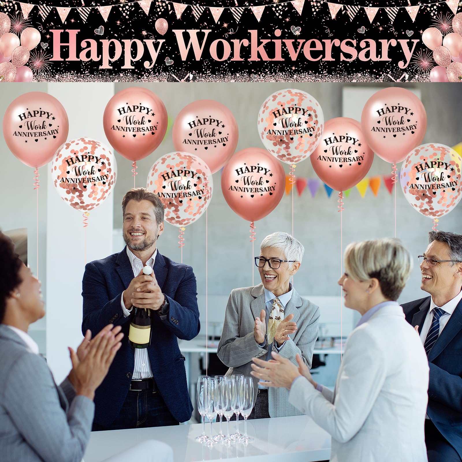 Happy Work Anniversary Decorations Banner Rose Gold Happy Workiversary Banner Yard Sign with 18 Pcs Balloons for Office Anniversary Party Decoration Employee Appreciation Banner Office Party Supplies