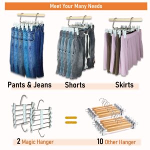 Magic Pants Hangers Space Saving - 2 Pack for Closet Multiple Skirt Hangers with Clips - Closet Organizers & Storage 5 Tier Short Hanger Jean Organizer