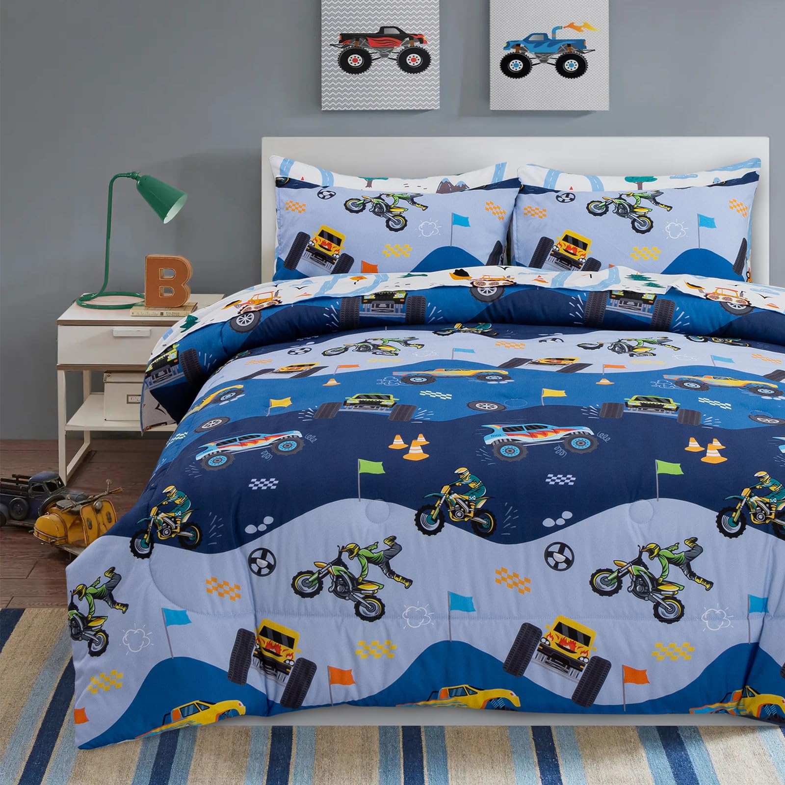 A Nice Night 5Pcs Bed in A Bag Cartoon Cartoon Car Kids Comforter Set Construction Bedding Set, Race Car Motorcycle Truck Pickup Printed, Twin,Dark Blue