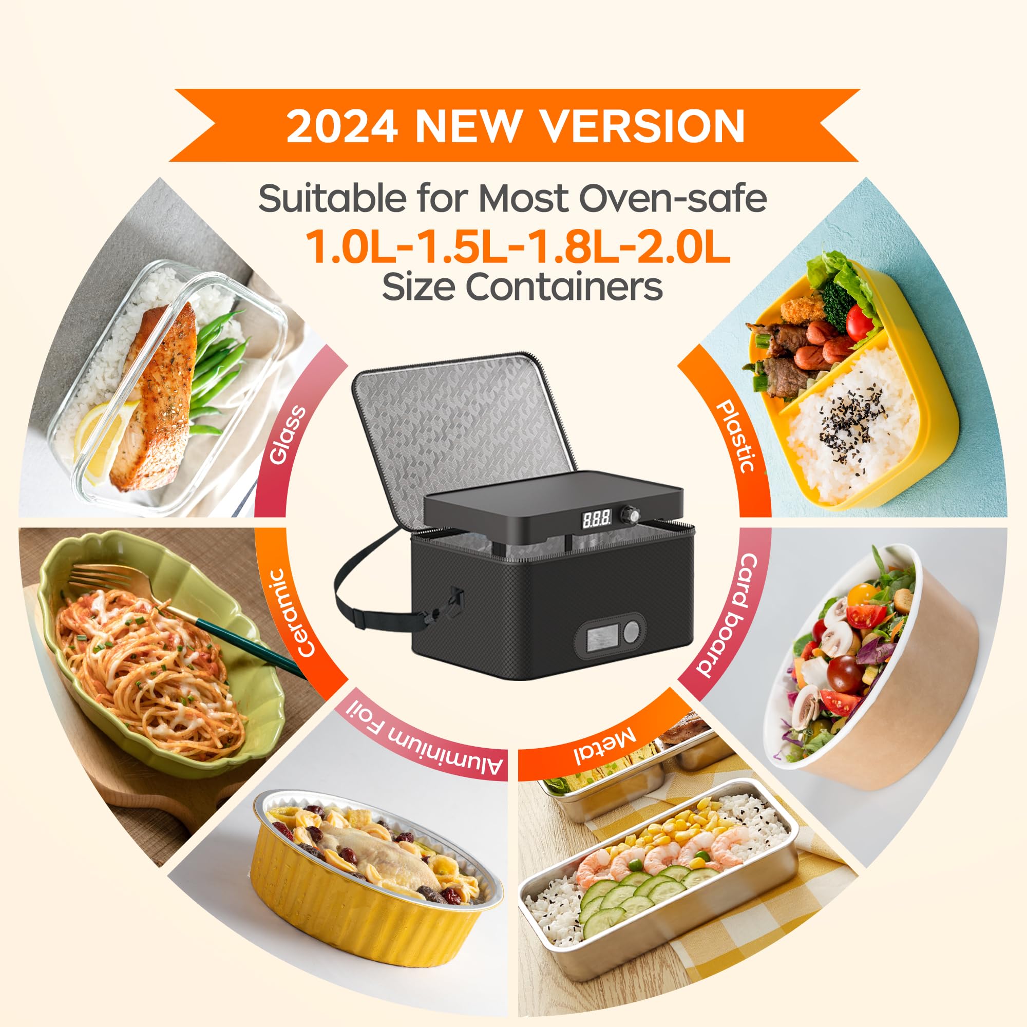 Portable Oven, 12V 24V 110V-240V Car Food Warmer Portable Personal Mini Oven Electric Heated Lunch Box for Meals Reheating & Raw Food Cooking for Road Trip/Camping/Picnic/Family Gathering(Black)