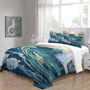 LITINGZHILONG Big Wave Bed 3-Piece Set Japanese Ocean Boat Japan Mount Fuji Ocean Wave Sunset Sun Asian Art Room Bedroom Bed Personalized Japanese Style Theme Bed Quilt Cover Twin