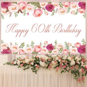 Vlipoeasn Elegant White Happy 60th Birthday Decorations for Women Rose Gold Flower Peony Photography Backdrop for 60th Birthday Party Surprise for Mother Cheers to 60 Years Old Birthday Party Supplies