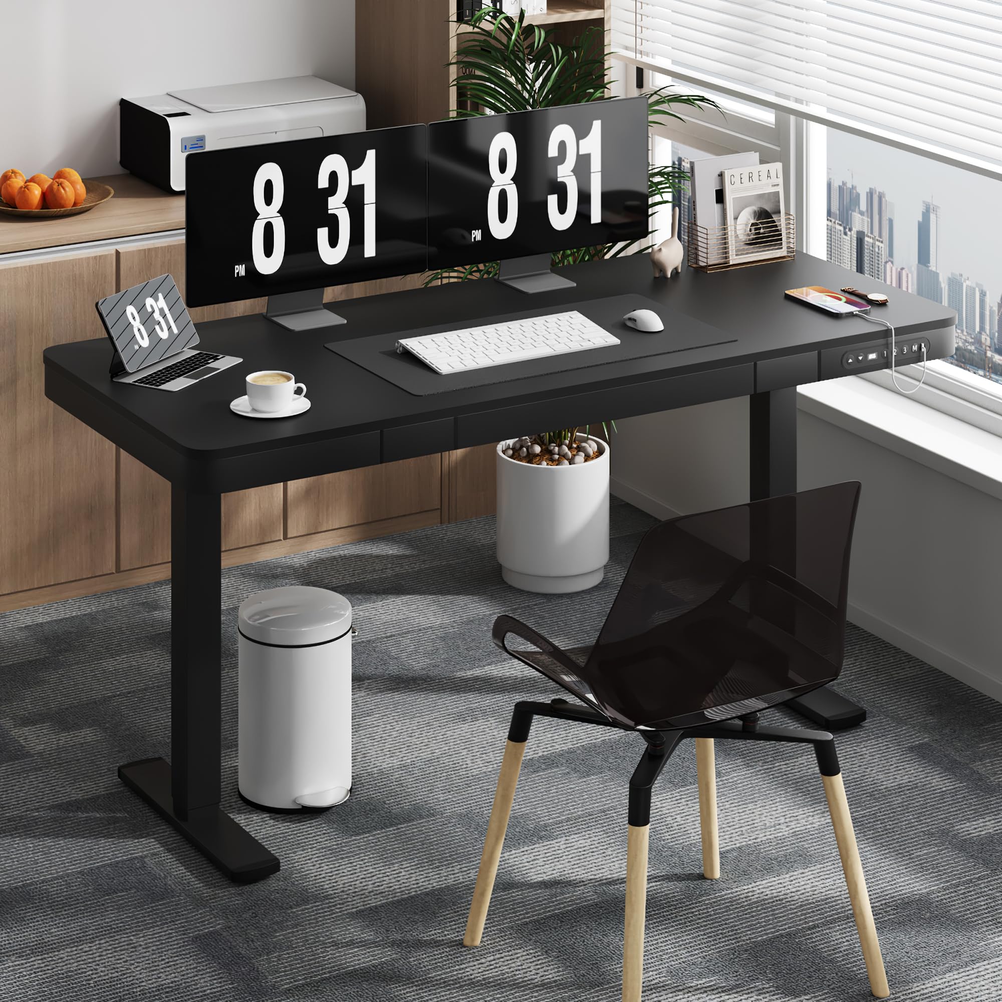 Shahoo Electric Standing Desk with Drawer, 55 x 24 inches with USB Charging Ports, Height Adjustable for Home & Office, Black