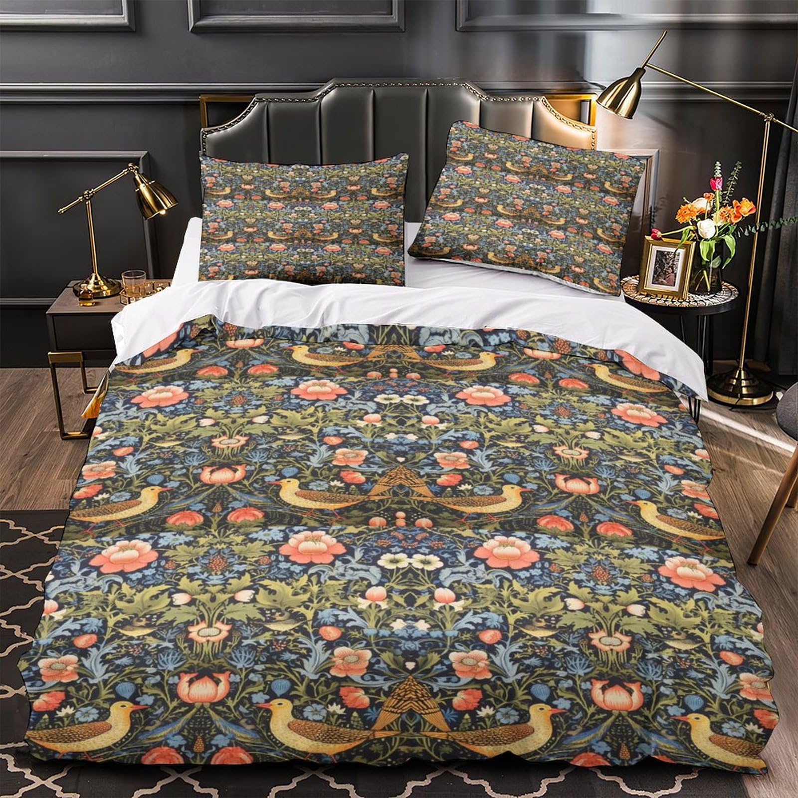 LITINGZHILONG William Morris Floral Bed 3 Piece Set, Vintage Flower Strawberry Bird Vintage Bohemian Plant Vintage Theme Bed Cover, 2 Pillowcases 1 Duvet Cover Bedding Bohemia Queen