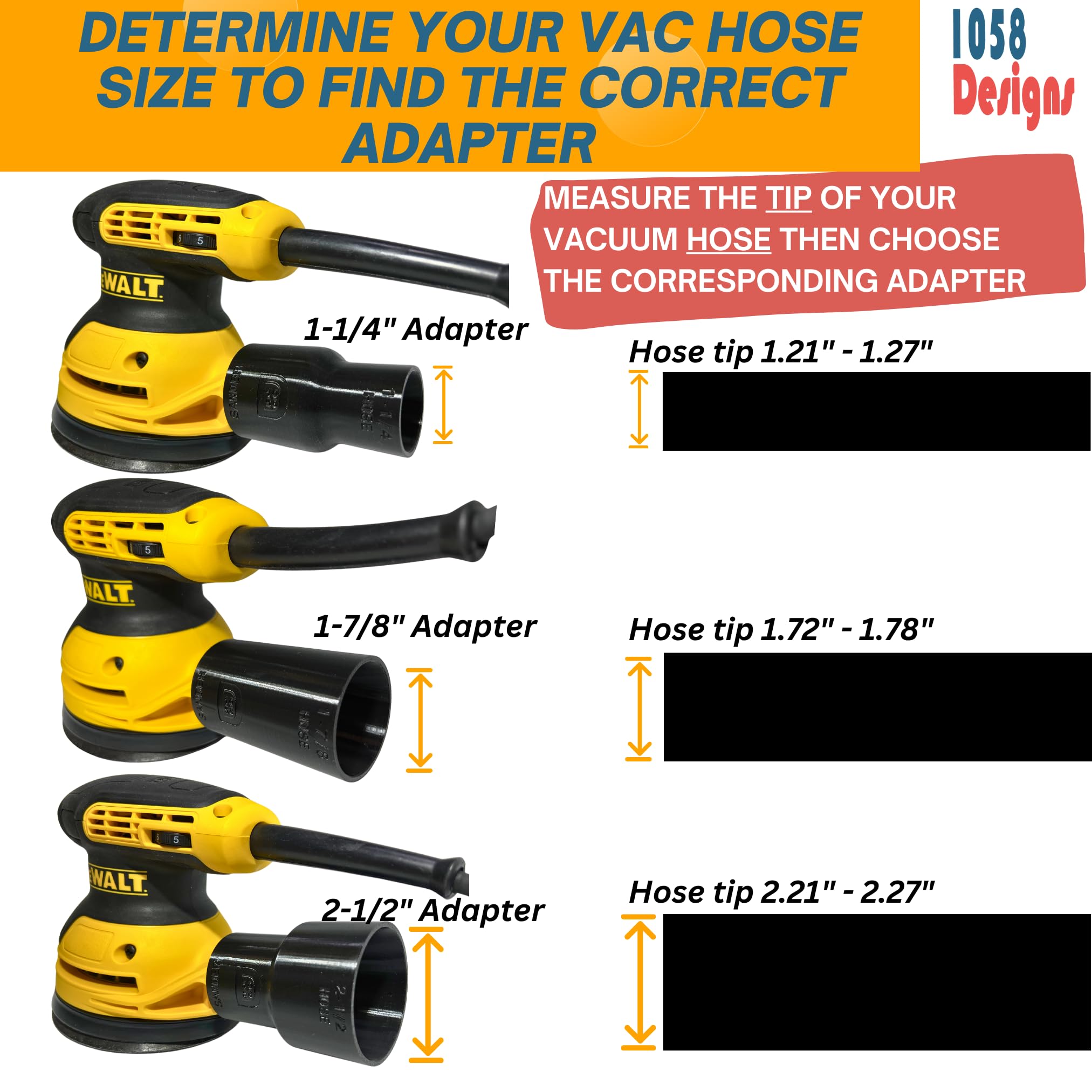 1058 Designs - Sander Vacuum Adapter for DeWalt or Craftsman Sanders - Shop Vac Attachment for Dust Collection (2-1/2")