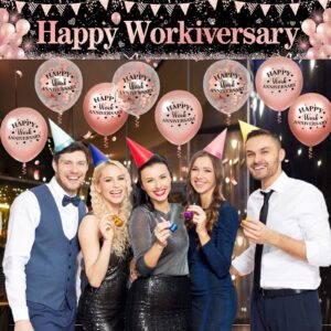 Happy Work Anniversary Decorations Banner Rose Gold Happy Workiversary Banner Yard Sign with 18 Pcs Balloons for Office Anniversary Party Decoration Employee Appreciation Banner Office Party Supplies