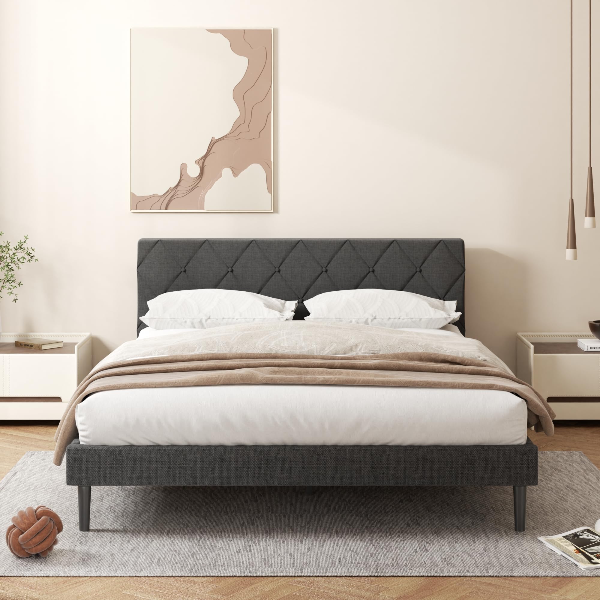 ZIEUNS Queen Size Bed Frame, Upholstered Platform Bed Frame with Button Tufted Headboard, Mattress Foundation, Wooden Slats Support, No Box Spring Needed, Super Easy Assembly, Dark Grey