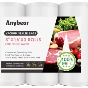 Anybear Vacuum Sealer Bags Rolls, 3 Pack 8''x16' Commercial Food Storage Bags for Custom Fit with BPA Free and Heavy Duty, Use for Storing Raw and Cooked Foods Meal Prep or Sous Vide