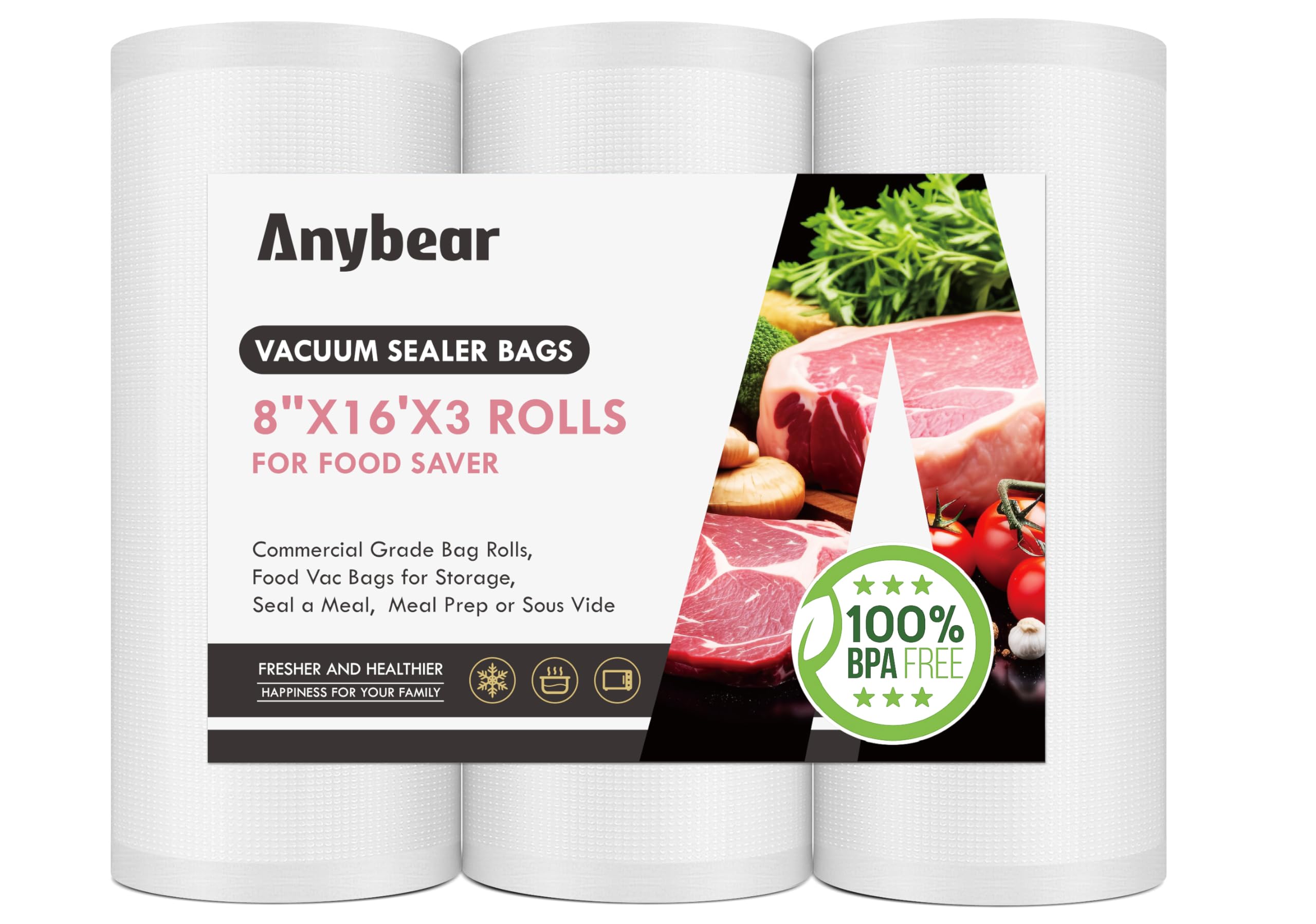 Anybear Vacuum Sealer Bags Rolls, 3 Pack 8''x16' Commercial Food Storage Bags for Custom Fit with BPA Free and Heavy Duty, Use for Storing Raw and Cooked Foods Meal Prep or Sous Vide