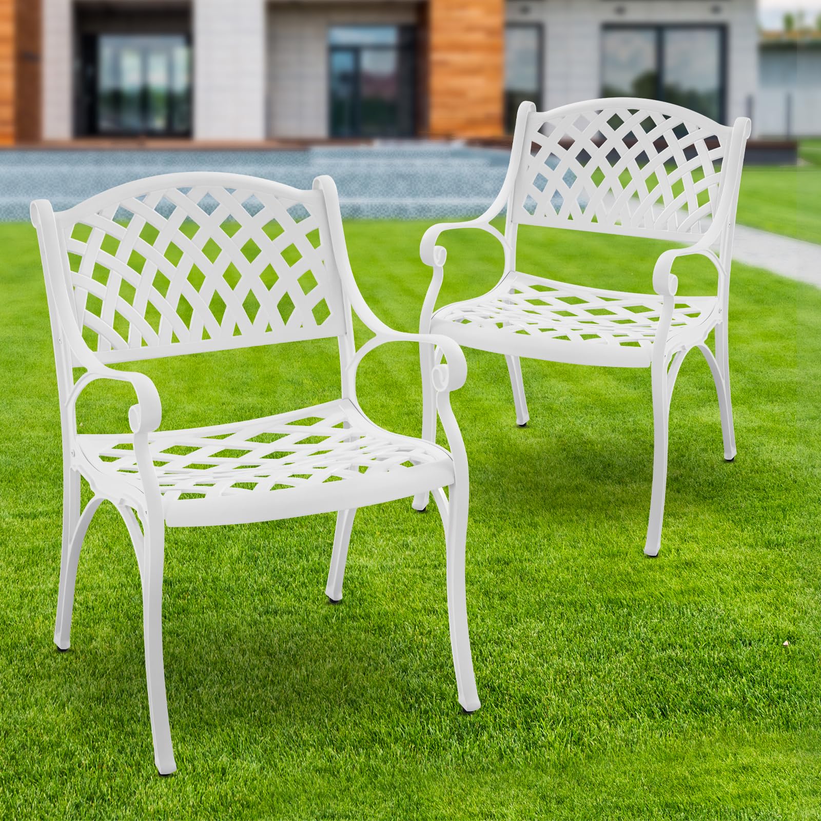 PATIO-IN 2 Pieces Outdoor Bistro Dining Chairs Cast Aluminum Patio Bistro Chair with Armrest,Outdoor Furniture Set Bistro Chairs,Metal Patio Dining Chair for Garden,White