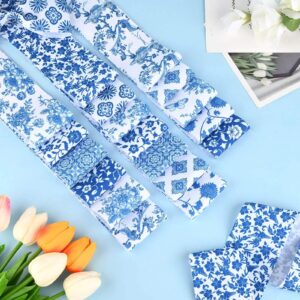 Bolsome 50Pcs Chinoiserie Jelly Polyester Fabric Roll White Blue Floral Quilting Strips Assorted Patterns Patchwork Craft Sewing Supplies for Quilters and Sewing Crafts, 39.37 × 2.55 Inch