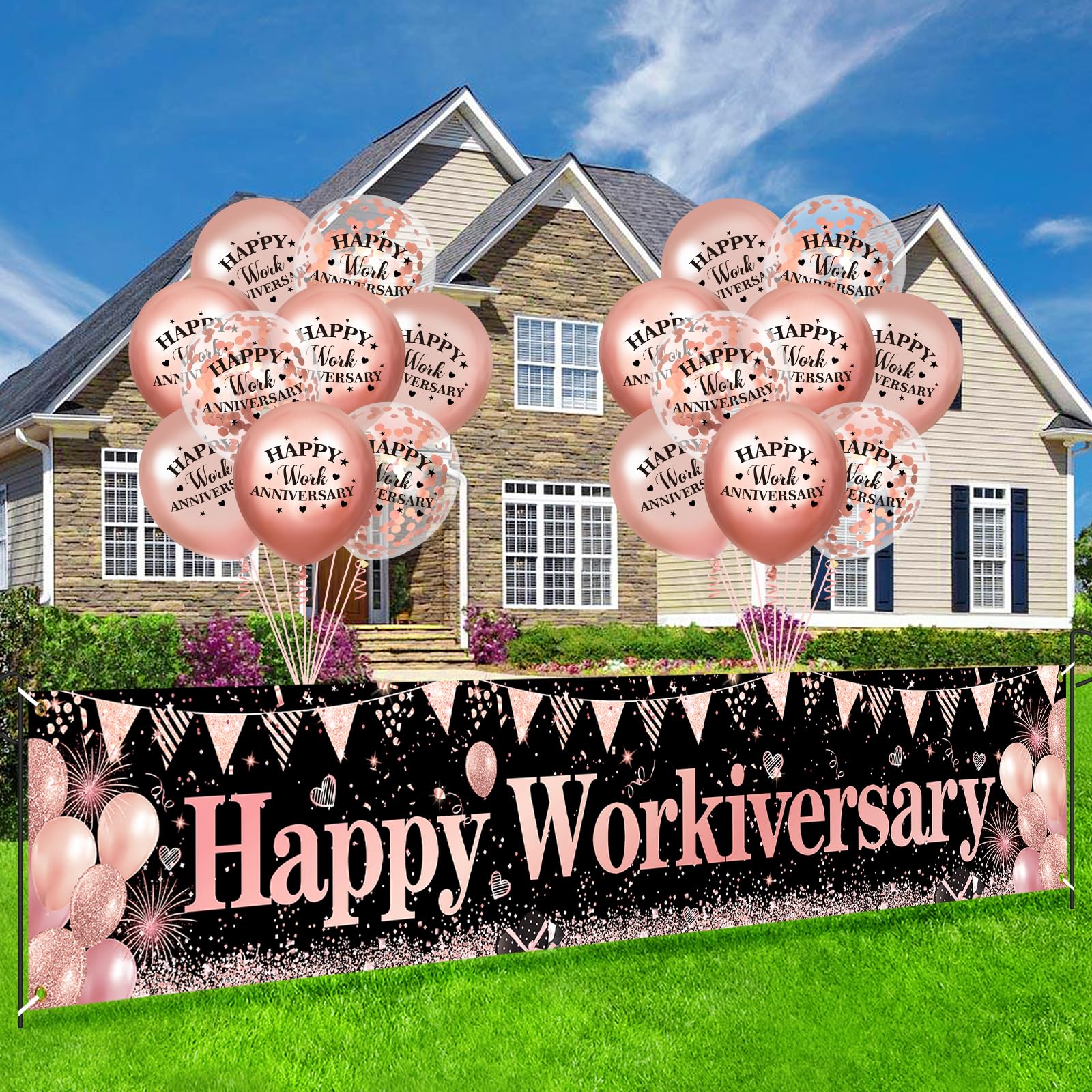 Happy Work Anniversary Decorations Banner Rose Gold Happy Workiversary Banner Yard Sign with 18 Pcs Balloons for Office Anniversary Party Decoration Employee Appreciation Banner Office Party Supplies