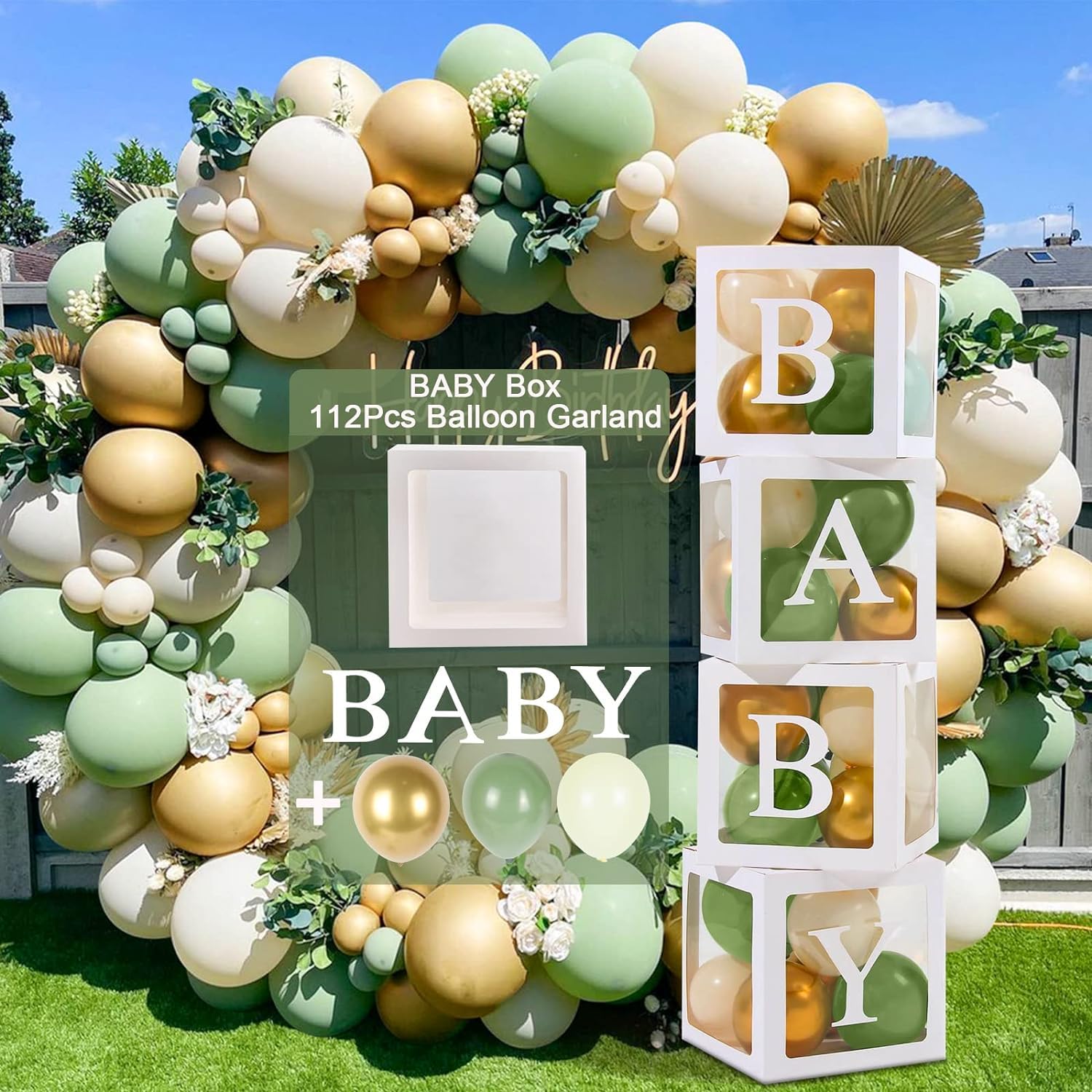 Baby Shower Decorations Boy Girl - 4Pcs Transparent Baby Balloon Boxes and 112Pcs Green White Gold Balloons Arch Kit for Sage Green Baby Shower Decorations, Christening, Gender Reveal Party Supplies