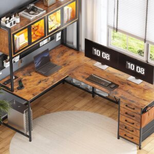 SEDETA L Shaped Gaming Desk with Drawers, L Shaped Computer Desk with Hutch and Storage Shelves, Gaming Desk with Pegboard, Led Lights, and Power Outlet, Home Office Desk, Corner Desk, Rustic Brown