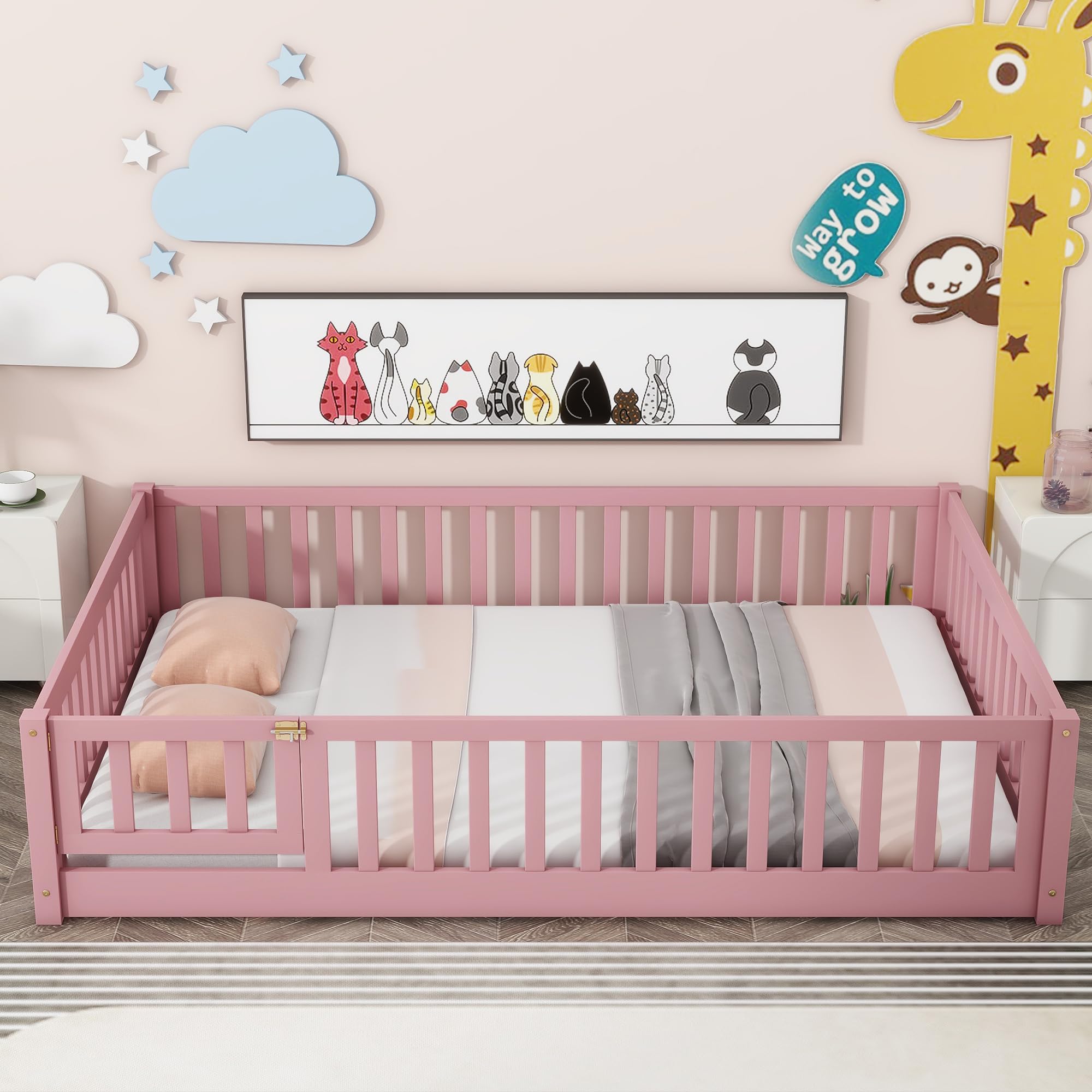 Harper & Bright Designs Full Size Floor Bed Montessori Bed Frame with Fence and Door, Wooden Full Platform Bed for Kids, Boys Girls, Slats Included, No Box Spring Needed (Full, Pink)