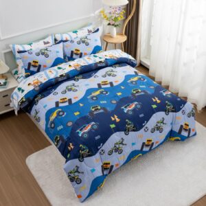 A Nice Night 5Pcs Bed in A Bag Cartoon Cartoon Car Kids Comforter Set Construction Bedding Set, Race Car Motorcycle Truck Pickup Printed, Twin,Dark Blue