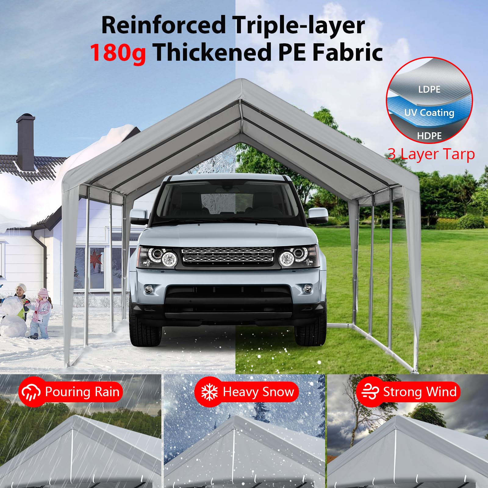 ACONEE Carport 10×20 FT Portable Garage, Heavy Duty Garage Car Port Canopy with Roll-up Doors & Removable Sidewalls, Garage Boat Shelter Tent, 180g PE Waterproof Canopy for Pickup Truck, Grey