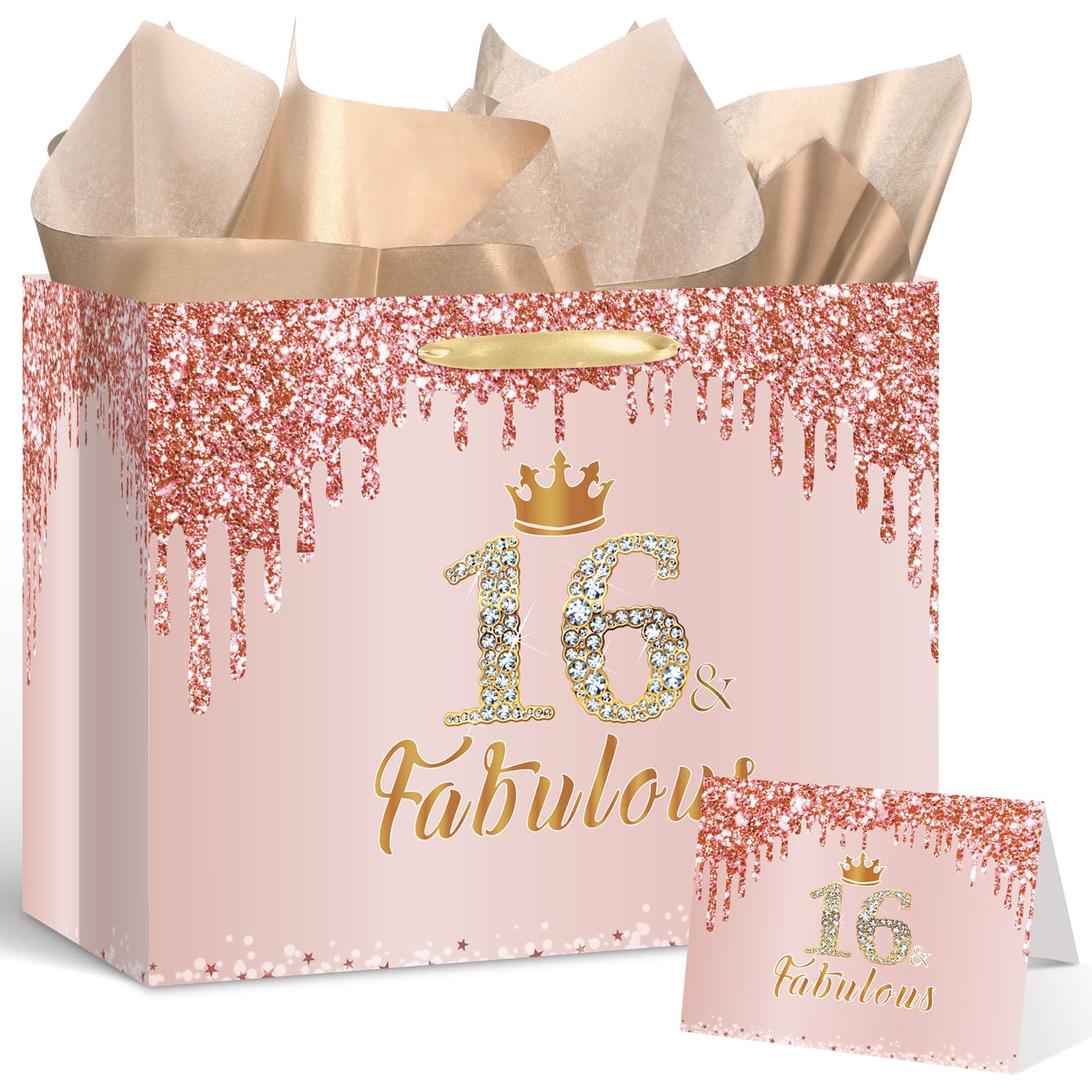 Yoirrat Rose Gold 16 & Fabulous 16th Birthday Gift Bag for Girls Large Pink Happy Sweet 16th Birthday Gift Bag with 16th Birthday Wrapping Paper Card for 16th Birthday Decorations Party Supplies