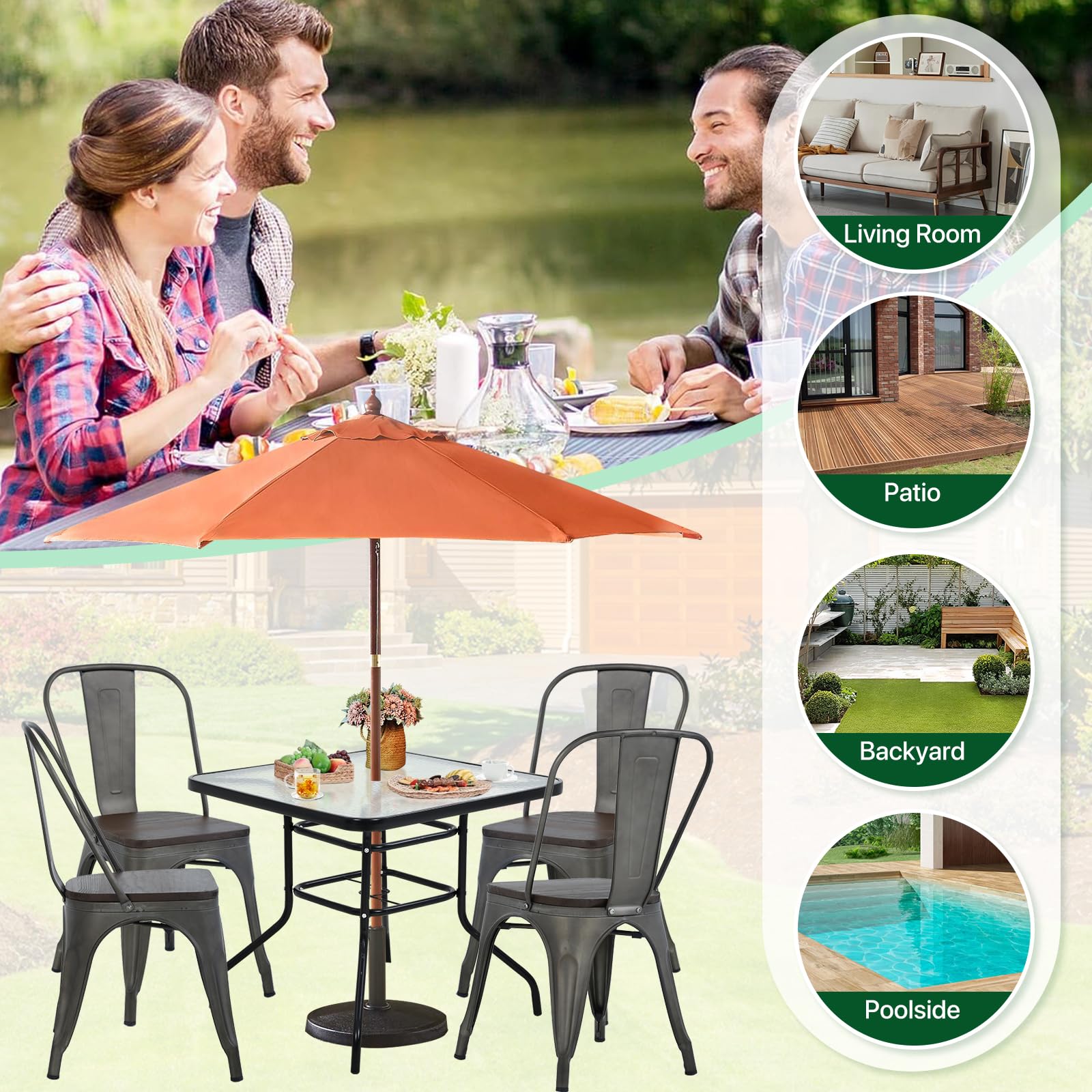 Dkelincs Outdoor Dining Table with Umbrella Hole 31.6" Square Patio Table Outdoor Furniture Garden Table Tempered Glass Patio Bistro Table for Balcony Backyard Lawn and Garden, Black