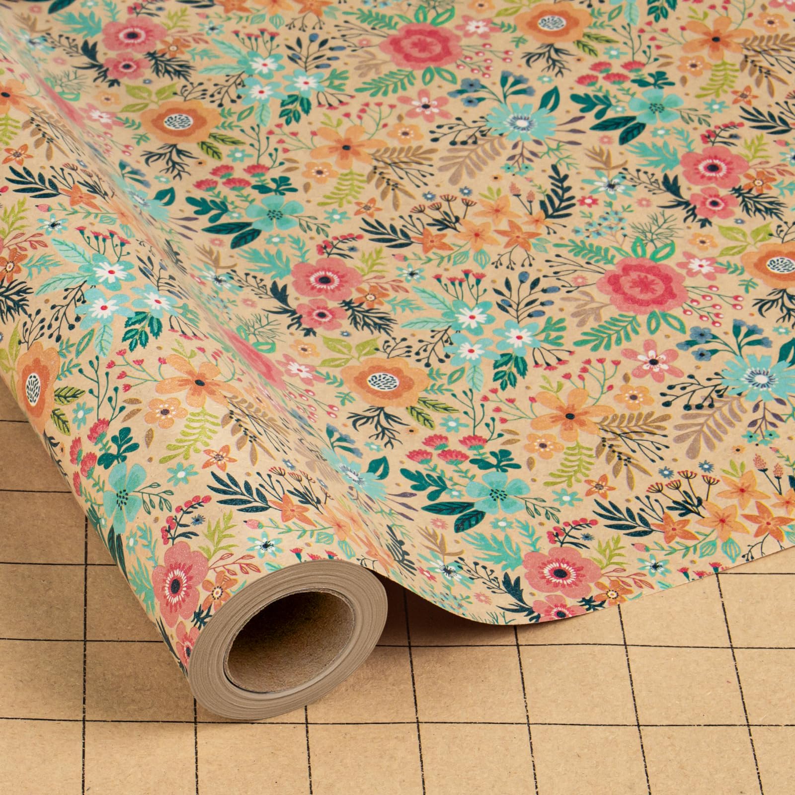 MAYPLUSS Colorful Floral Kraft Wrapping Paper Roll - 17Inch x 33Feet - Garden Boho Floral Gift Wrap Gift Wrap Paper Spring Summer Blooms Sheet for Wedding, Bridal Shower, Birthday and Engagement