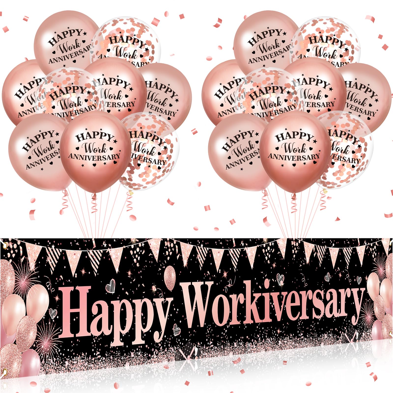 Happy Work Anniversary Decorations Banner Rose Gold Happy Workiversary Banner Yard Sign with 18 Pcs Balloons for Office Anniversary Party Decoration Employee Appreciation Banner Office Party Supplies