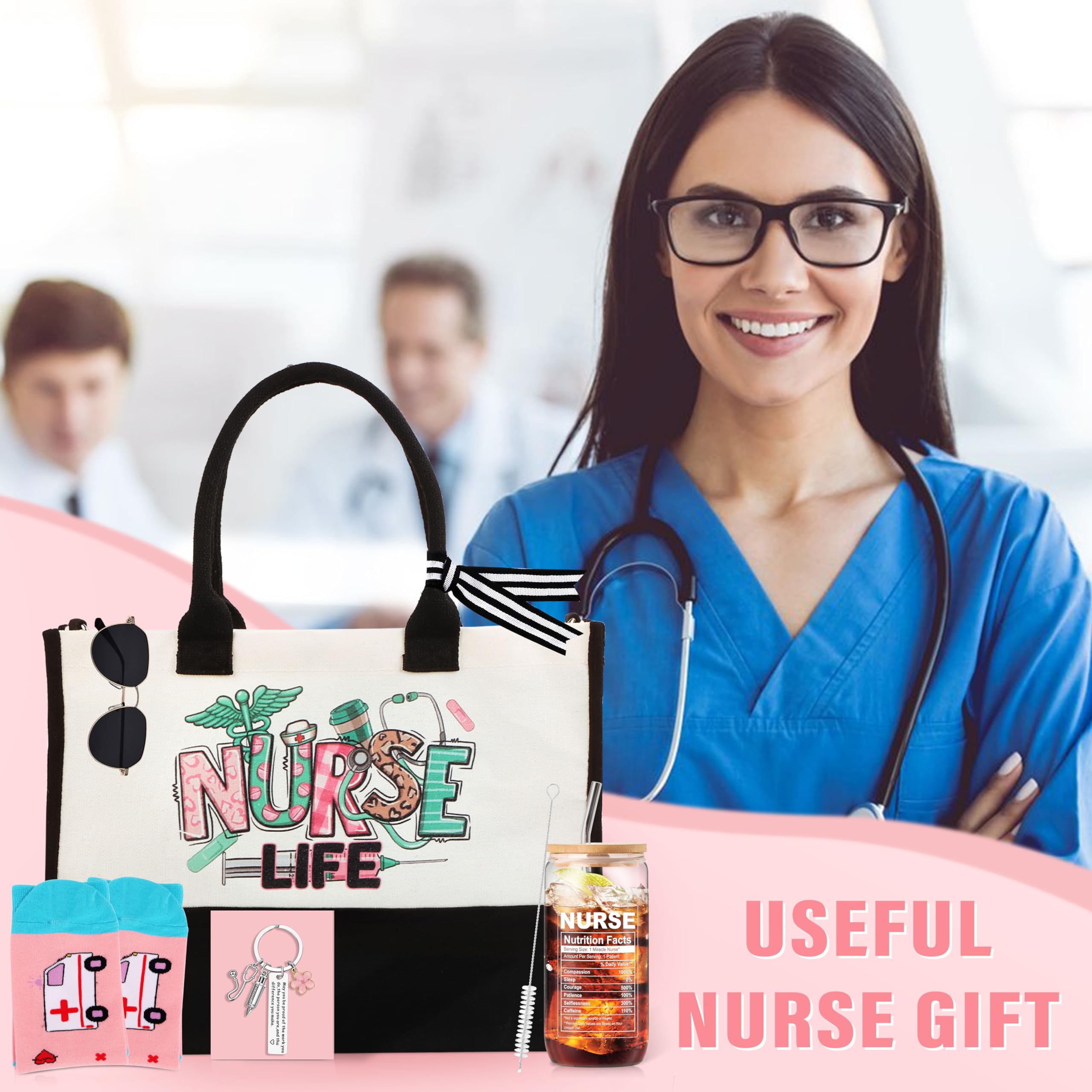 Nurse Gifts for Women Nurse Appreciation Gifts Set Nurses Week Gifts Set Nurse Graduation Gifts Nurse Christmas Gifts Nurse Gift Box for Women Nurse Canvas Beach Bag Socks Keychain 16 Oz Can Glass