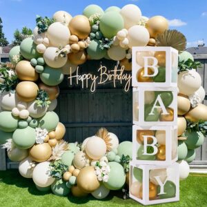 baby shower decorations boy girl - 4pcs transparent baby balloon boxes and 112pcs green white gold balloons arch kit for sage green baby shower decorations, christening, gender reveal party supplies