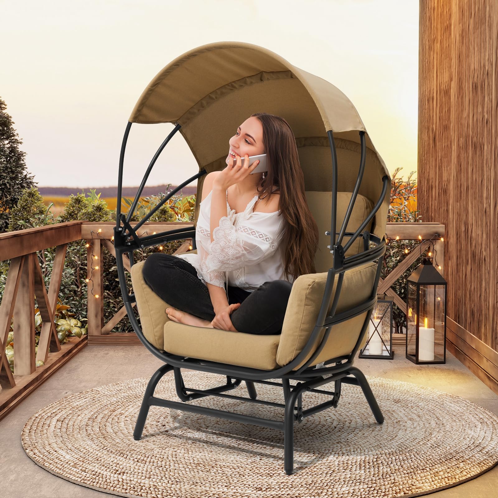 Crestlive Products Egg Chair Outdoor Indoor, Glider Chair with Folding Canopy, All Weather Aluminum Oversized Lounge Chair w/Cushion & Sun Shade Cover for Living Room, 350lbs Capacity (Black&Tan