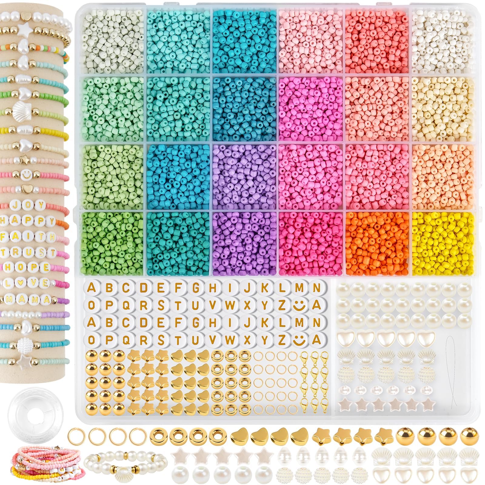 3mm Glass Seed Beads for Bracelet Jewelry Making 24 Colors Bracelet Making Kit for Girls Adults Friendship Bracelet Making Kit with Letter Beads