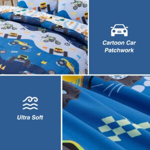 A Nice Night 5Pcs Bed in A Bag Cartoon Cartoon Car Kids Comforter Set Construction Bedding Set, Race Car Motorcycle Truck Pickup Printed, Twin,Dark Blue