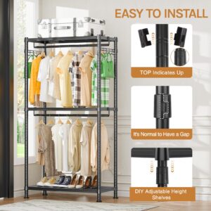 Clussbin Garment Rack Hanging Clothes Heavy Duty Clothes Rack, 3 Tiers Adjustable Wire Shelving Metal Clothing Racks with Double Rods and Side Hooks, Free Standing Wardrobe Closet for Bedroom, Black