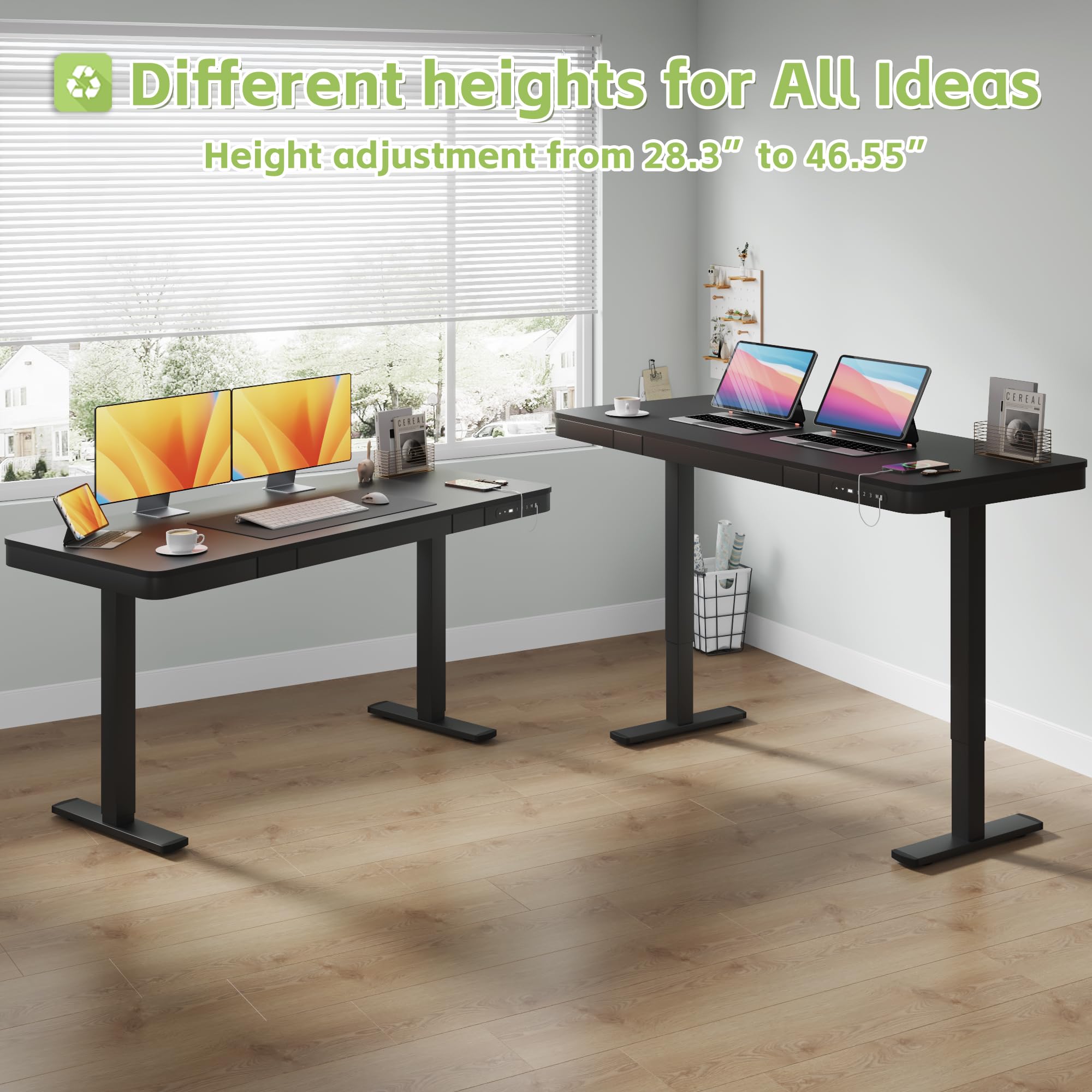 Shahoo Electric Standing Desk with Drawer, 55 x 24 inches with USB Charging Ports, Height Adjustable for Home & Office, Black