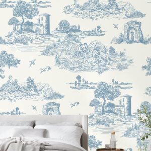 WENMER Toile Peel and Stick Wallpaper 17.7” X 118” Blue and White Wallpaper Blue Contact Paper Removable Vintage Chinoiserie Wallpaper French Wallpaper for Bedroom Living Room