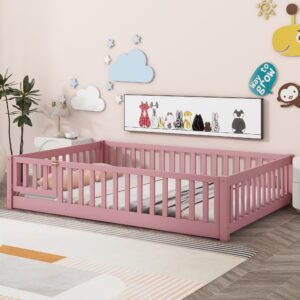 Harper & Bright Designs Full Size Floor Bed Montessori Bed Frame with Fence and Door, Wooden Full Platform Bed for Kids, Boys Girls, Slats Included, No Box Spring Needed (Full, Pink)