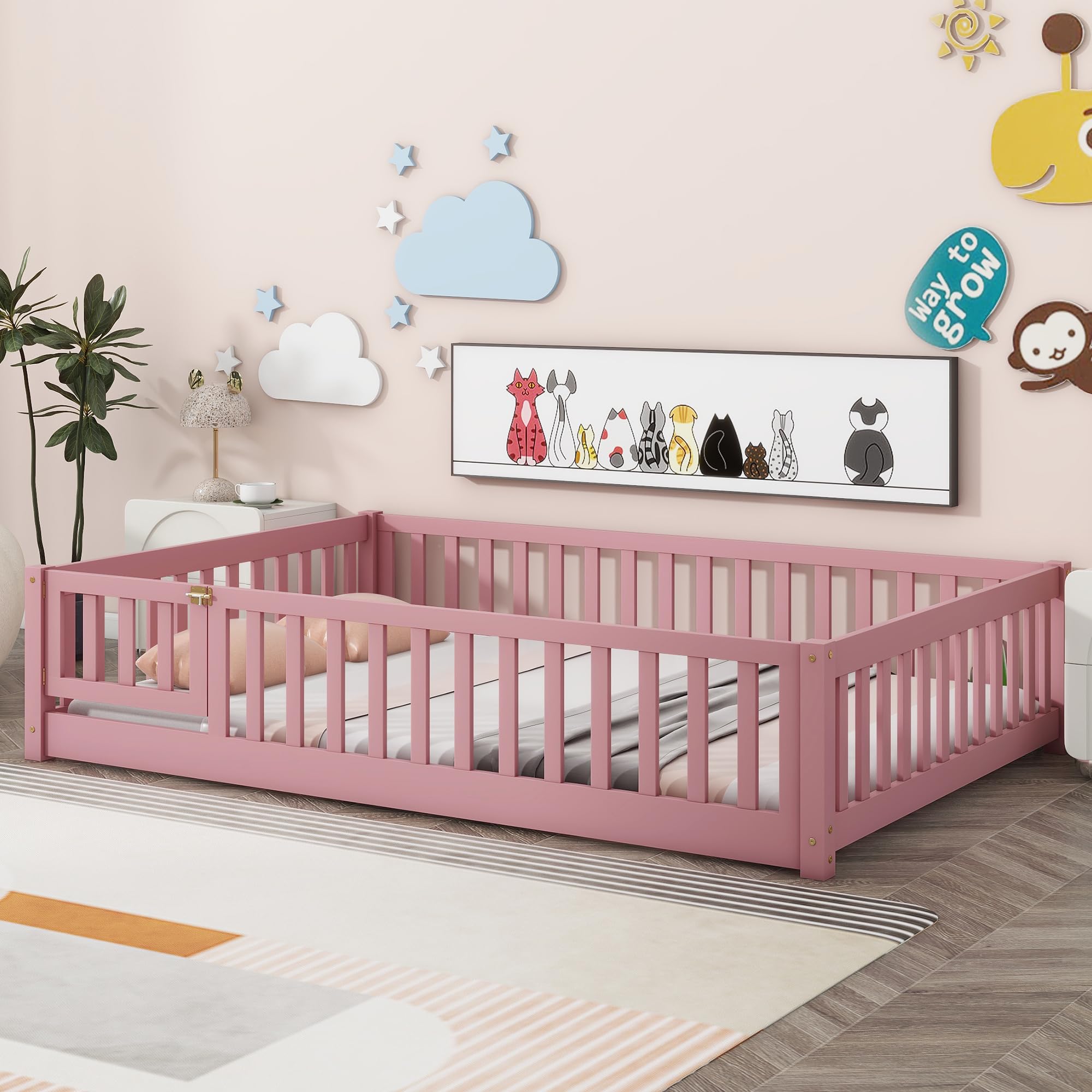 Harper & Bright Designs Full Size Floor Bed Montessori Bed Frame with Fence and Door, Wooden Full Platform Bed for Kids, Boys Girls, Slats Included, No Box Spring Needed (Full, Pink)