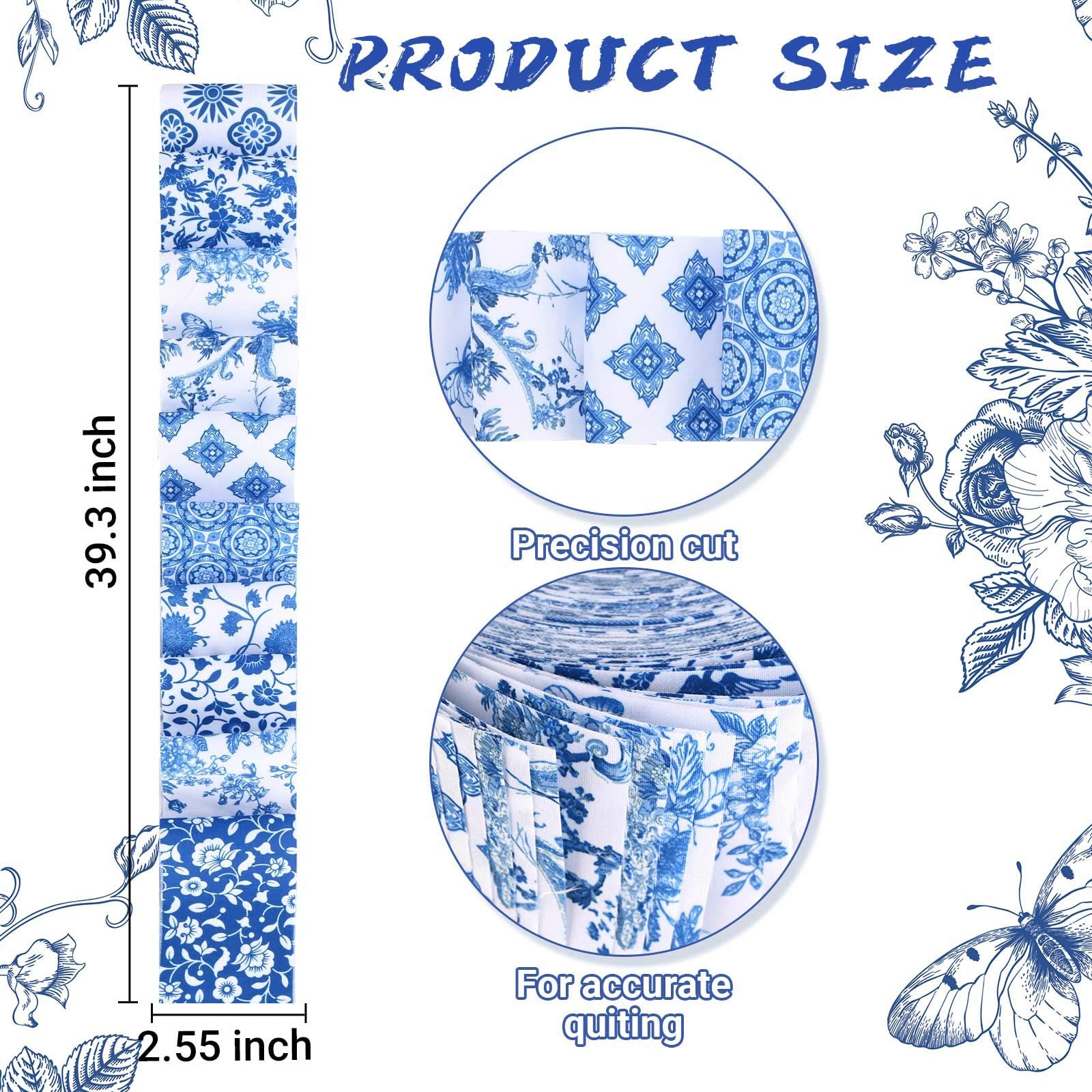 Bolsome 50Pcs Chinoiserie Jelly Polyester Fabric Roll White Blue Floral Quilting Strips Assorted Patterns Patchwork Craft Sewing Supplies for Quilters and Sewing Crafts, 39.37 × 2.55 Inch