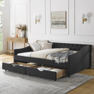 flieks linen upholstered full daybed with two storage drawers, full size button tufted sofa bed daybed with nailhead trim and wood slat support (black)